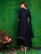 Mirror Embroidered Kurta With Pant & Necklace Dupatta, Navy Blue - Hiral Fashion - Distacart