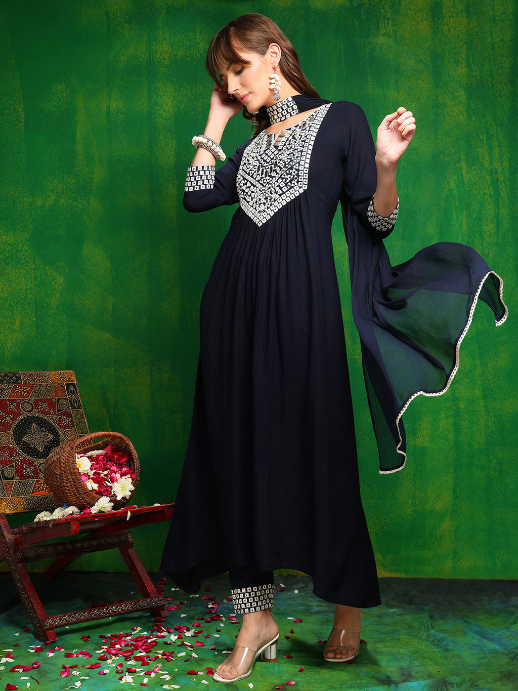 Mirror Embroidered Kurta With Pant & Necklace Dupatta, Navy Blue - Hiral Fashion - Distacart