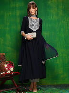 Mirror Embroidered Kurta With Pant & Necklace Dupatta, Navy Blue - Hiral Fashion - Distacart