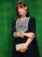Mirror Embroidered Kurta With Pant & Necklace Dupatta, Navy Blue - Hiral Fashion - Distacart
