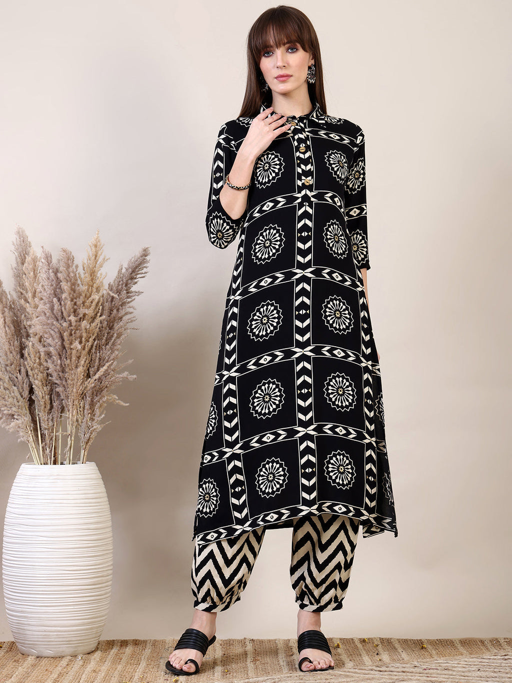 Ethnic Motifs Printed Afghani Pant Co-Ords, Black - Hiral Fashion - Distacart