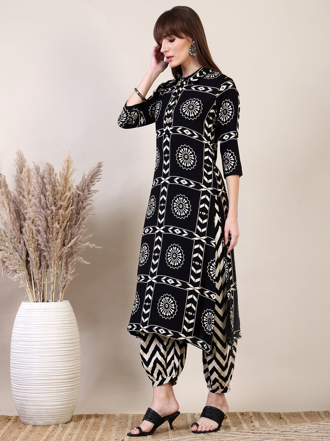 Ethnic Motifs Printed Afghani Pant Co-Ords, Black - Hiral Fashion - Distacart
