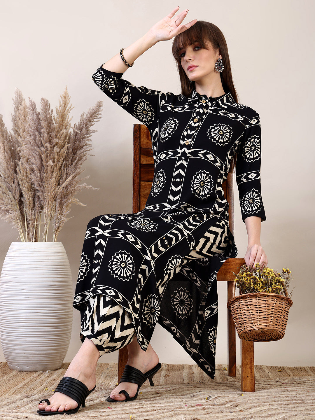 Ethnic Motifs Printed Afghani Pant Co-Ords, Black - Hiral Fashion - Distacart