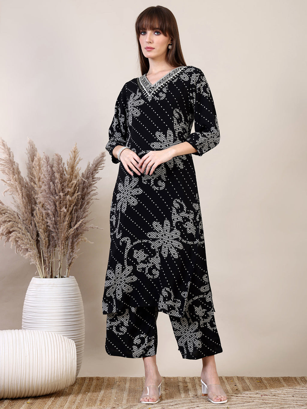 Embroidered & Floral Printed Co-Ords, Black - Hiral Fashion - Distacart