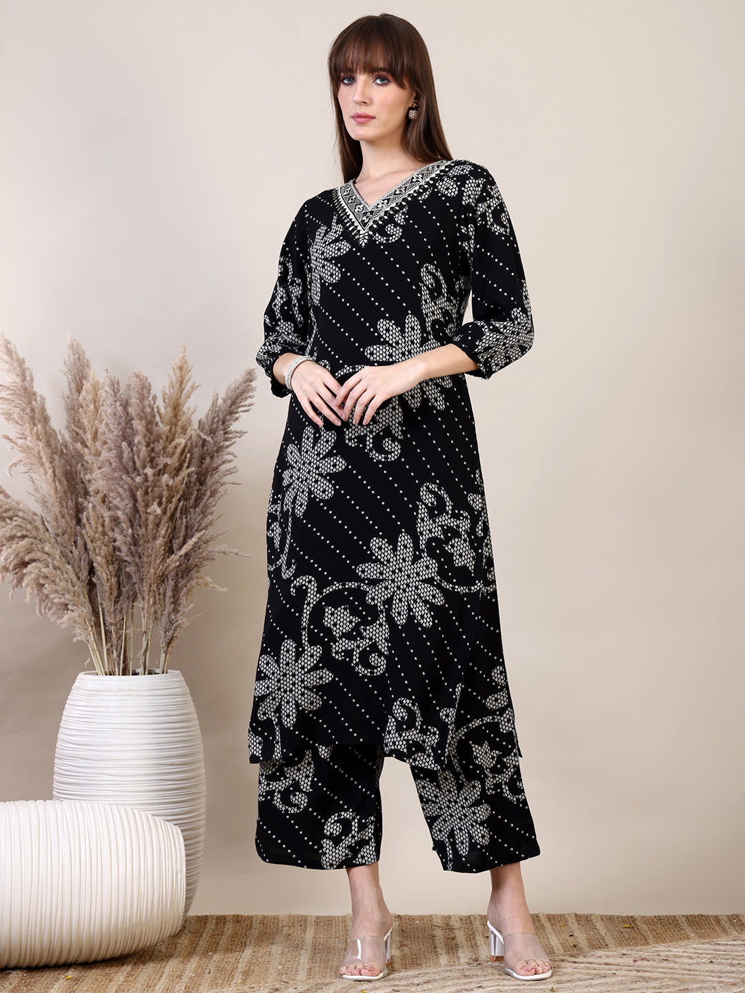 Embroidered & Floral Printed Co-Ords, Black - Hiral Fashion - Distacart