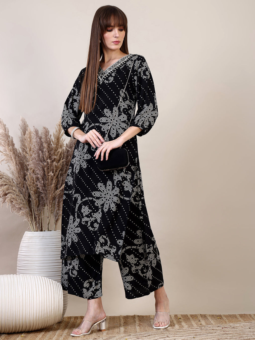 Embroidered & Floral Printed Co-Ords, Black - Hiral Fashion - Distacart