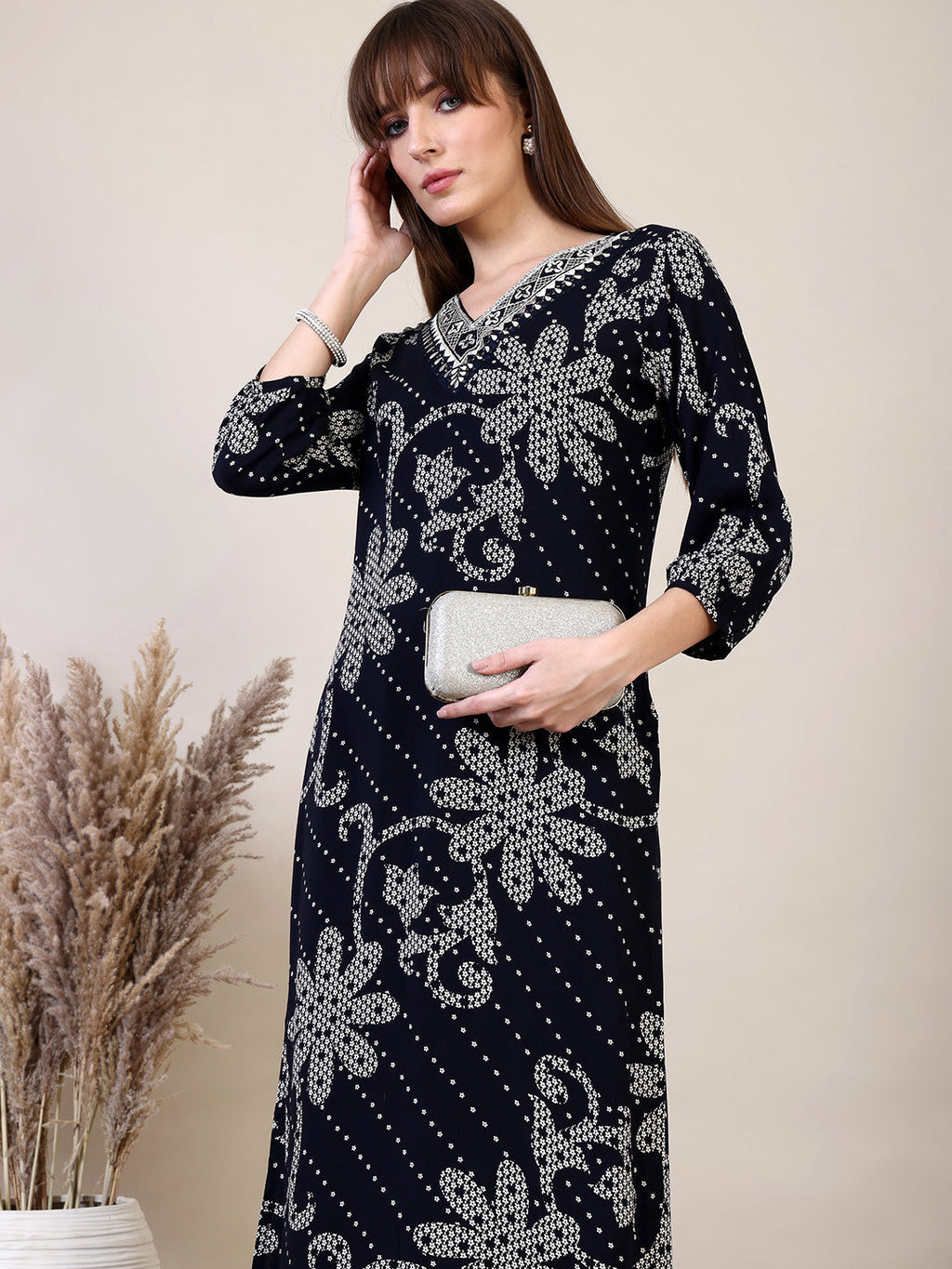 Embroidered & Floral Printed Co-Ords, Navy Blue - Hiral Fashion - Distacart