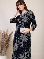 Embroidered & Floral Printed Co-Ords, Navy Blue - Hiral Fashion - Distacart