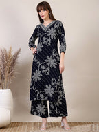 Embroidered & Floral Printed Co-Ords, Navy Blue - Hiral Fashion - Distacart