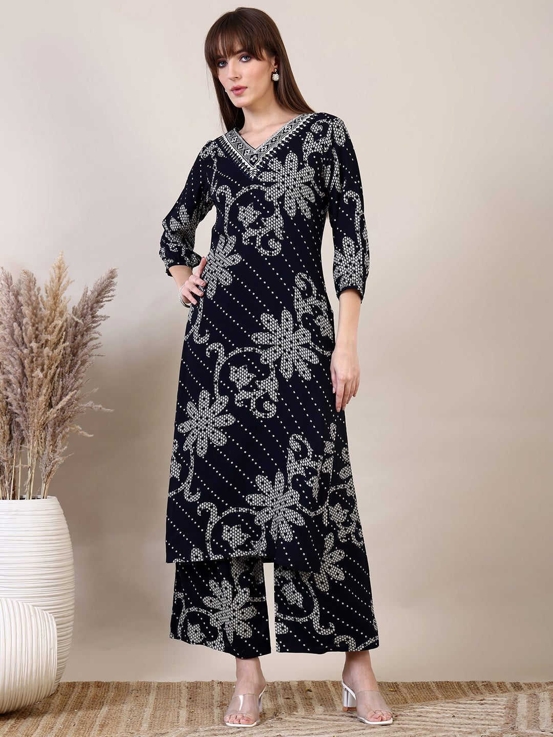 Embroidered & Floral Printed Co-Ords, Navy Blue - Hiral Fashion - Distacart