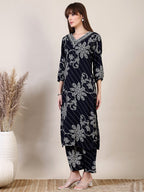 Embroidered & Floral Printed Co-Ords, Navy Blue - Hiral Fashion - Distacart