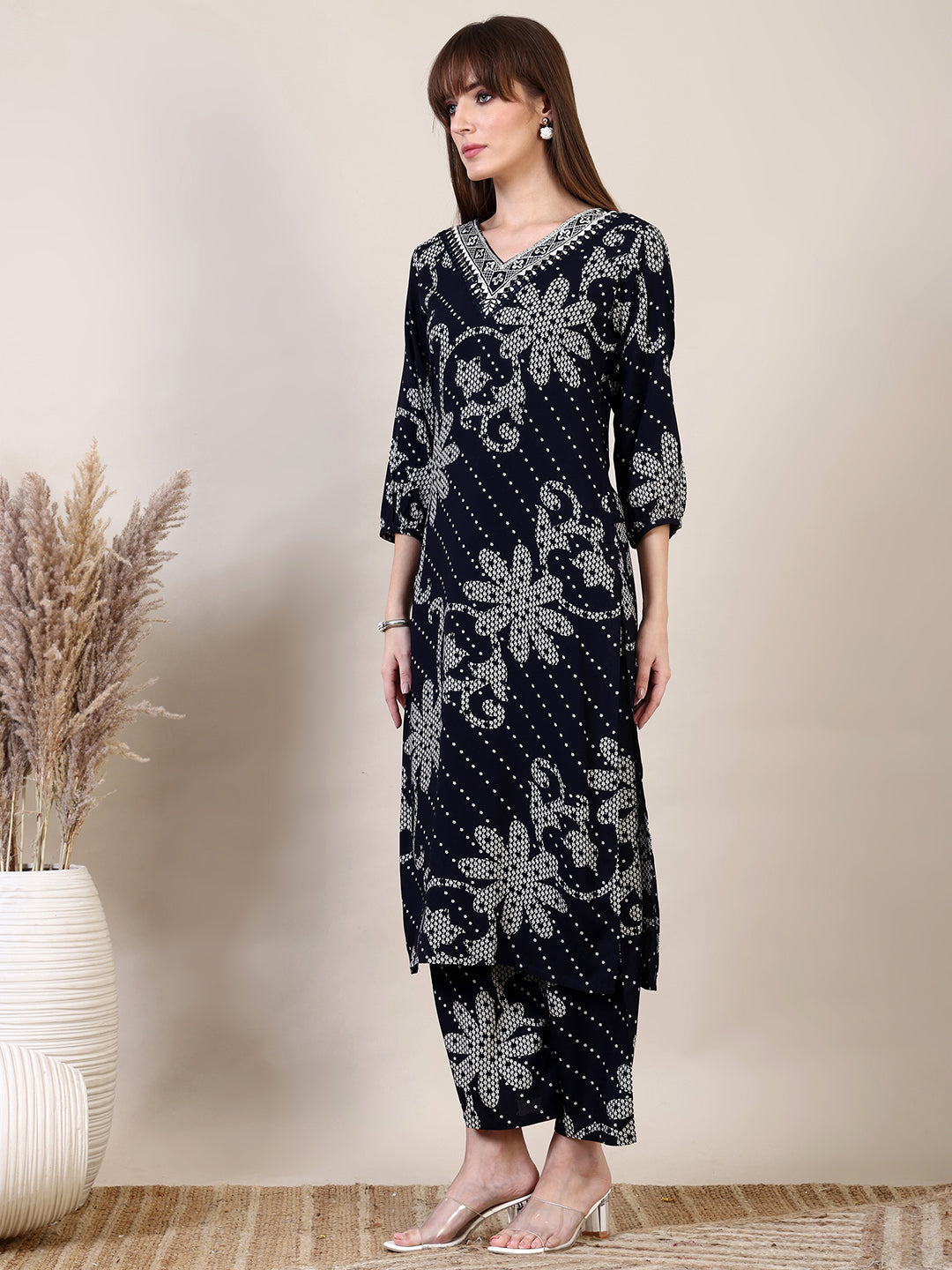 Embroidered & Floral Printed Co-Ords, Navy Blue - Hiral Fashion - Distacart