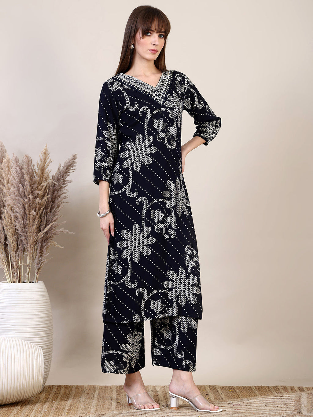 Embroidered & Floral Printed Co-Ords, Navy Blue - Hiral Fashion - Distacart
