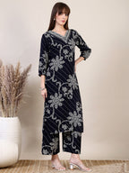 Embroidered & Floral Printed Co-Ords, Navy Blue - Hiral Fashion - Distacart