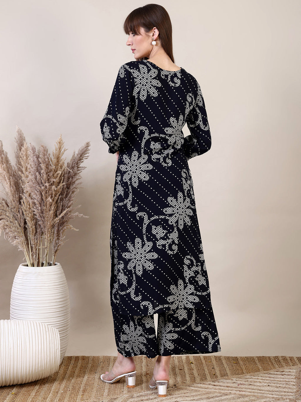 Embroidered & Floral Printed Co-Ords, Navy Blue - Hiral Fashion - Distacart