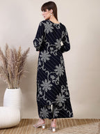 Embroidered & Floral Printed Co-Ords, Navy Blue - Hiral Fashion - Distacart