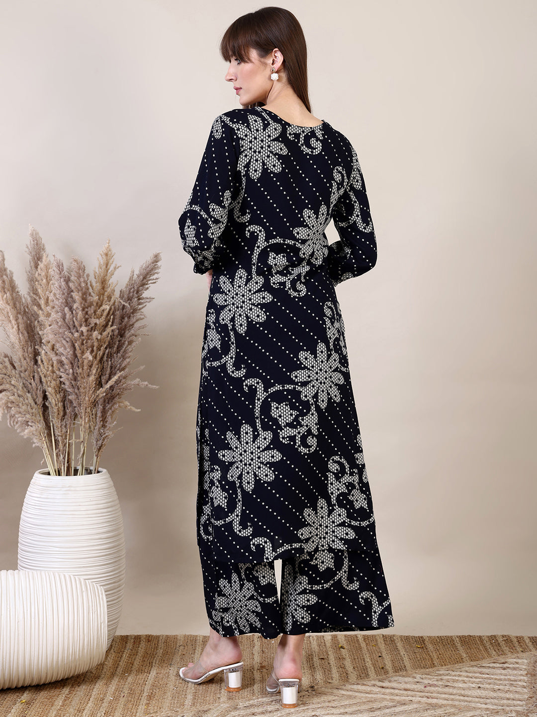 Embroidered & Floral Printed Co-Ords, Navy Blue - Hiral Fashion - Distacart
