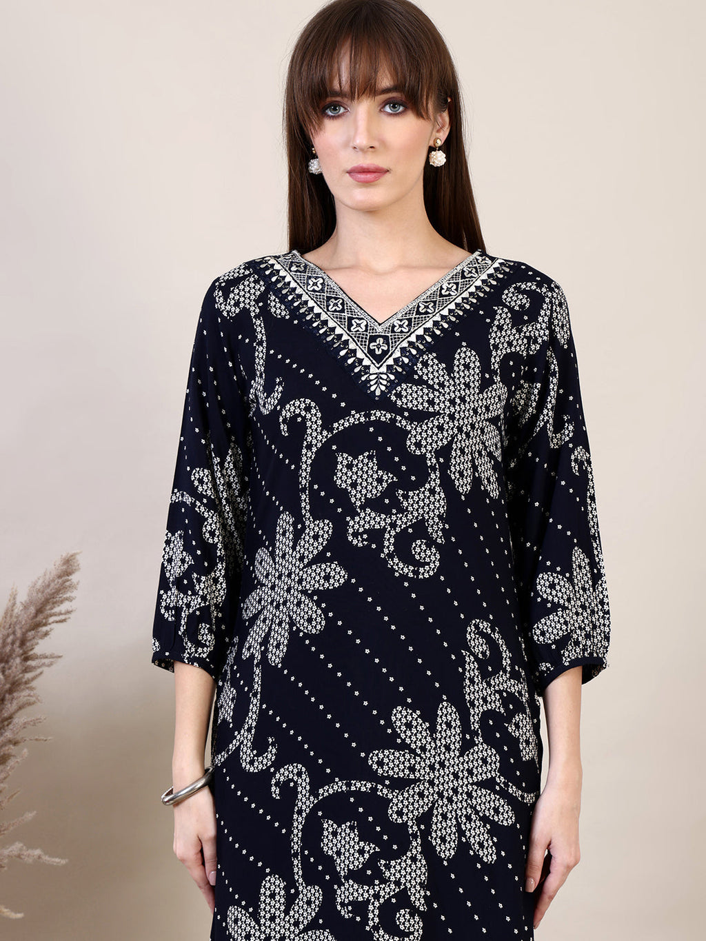Embroidered & Floral Printed Co-Ords, Navy Blue - Hiral Fashion - Distacart