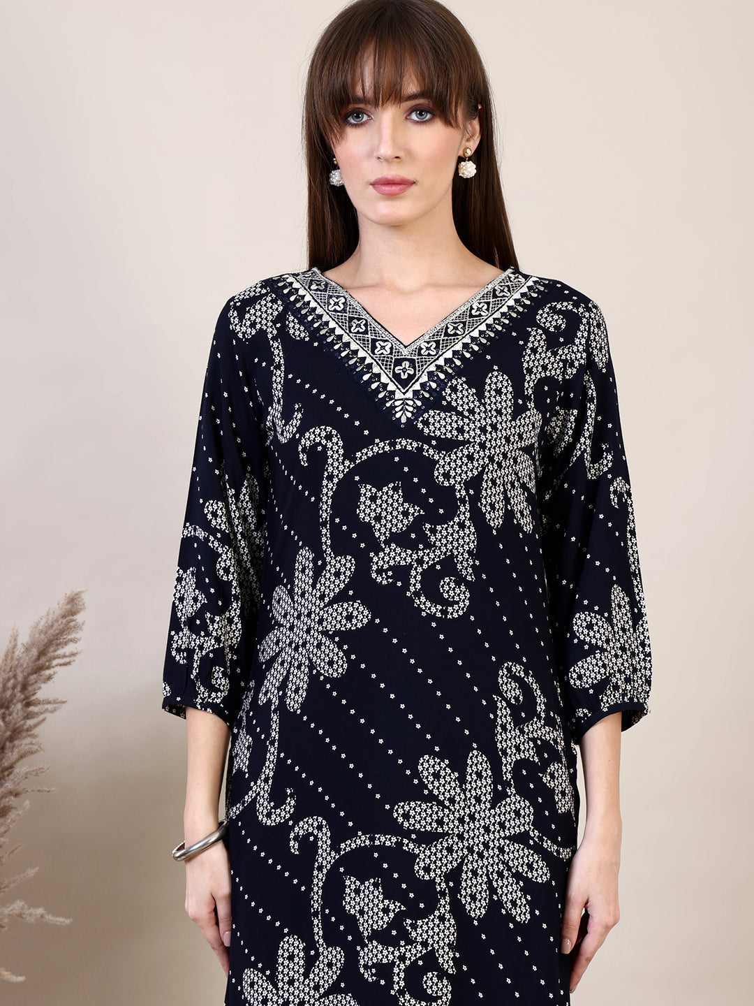 Embroidered & Floral Printed Co-Ords, Navy Blue - Hiral Fashion - Distacart