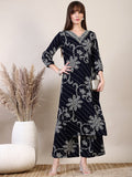 Embroidered & Floral Printed Co-Ords, Navy Blue - Hiral Fashion - Distacart