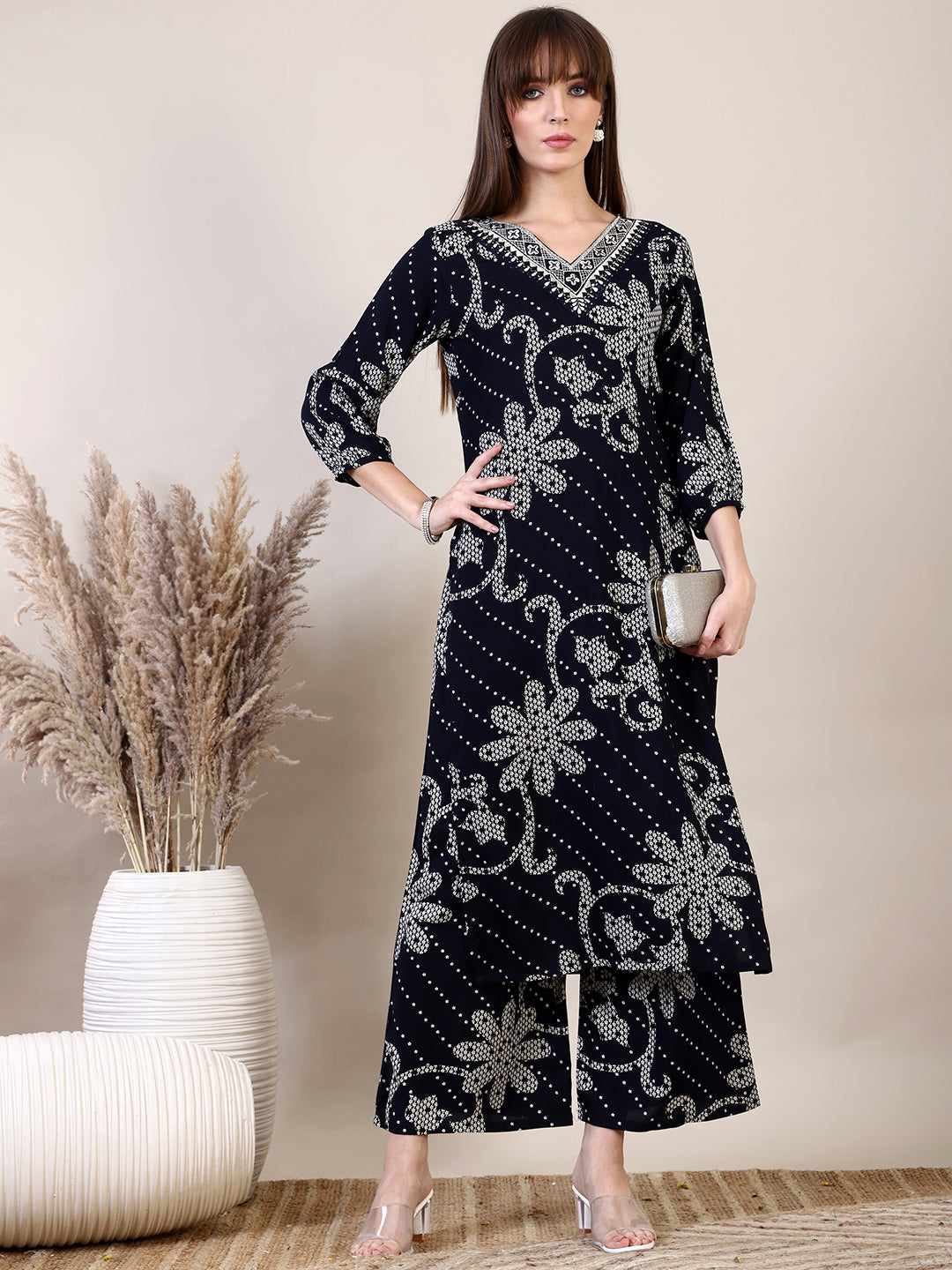 Embroidered & Floral Printed Co-Ords, Navy Blue - Hiral Fashion - Distacart