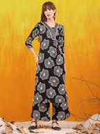 Embroidered & Floral Printed Kurta With Palazzo Co-Ords Set, Black - Hiral Fashion - Distacart