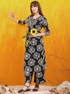 Embroidered & Floral Printed Kurta With Palazzo Co-Ords Set, Black - Hiral Fashion - Distacart