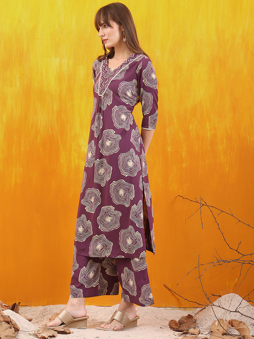 Embroidered & Floral Printed Kurta With Palazzo Co-Ords Set, Lavender - Hiral Fashion - Distacart