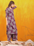 Embroidered & Floral Printed Kurta With Palazzo Co-Ords Set, Lavender - Hiral Fashion - Distacart