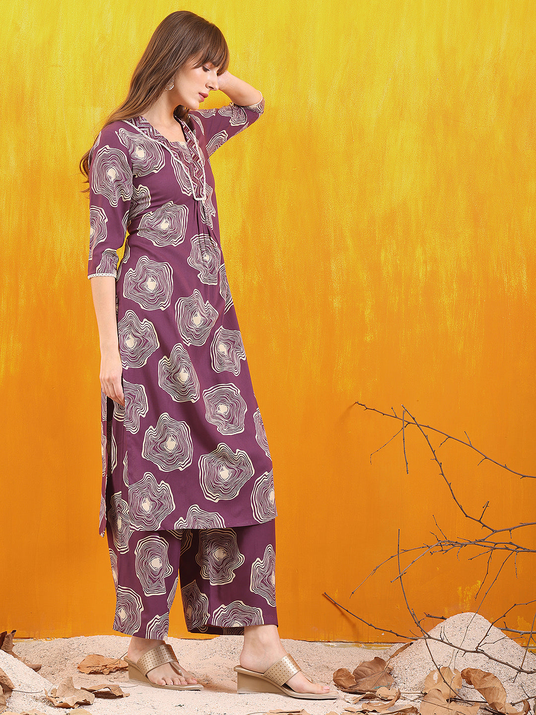 Embroidered & Floral Printed Kurta With Palazzo Co-Ords Set, Lavender - Hiral Fashion - Distacart
