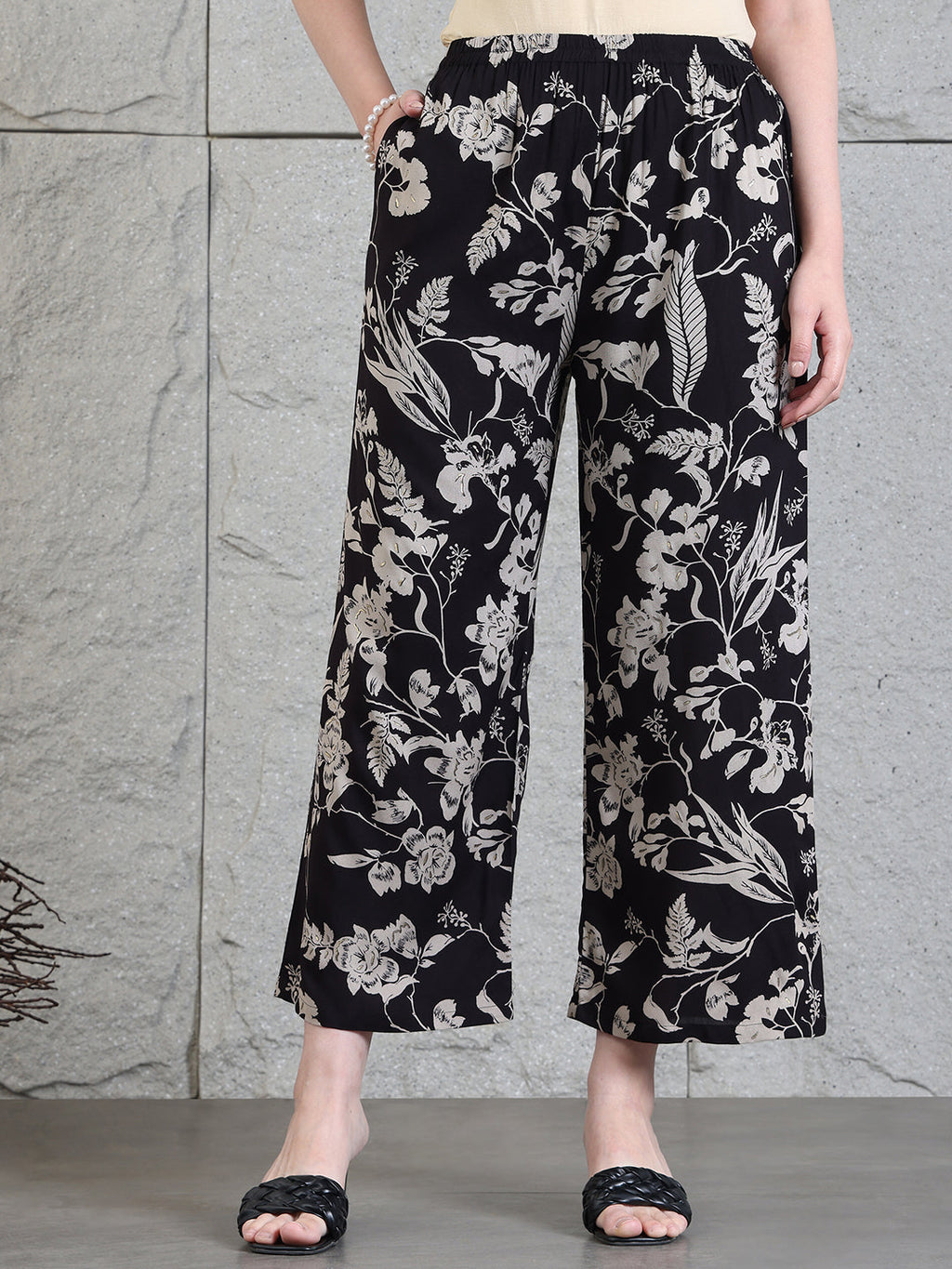 Botanical Printed Kurta With Palazzo Co-Ords Set, Black - Hiral Fashion - Distacart