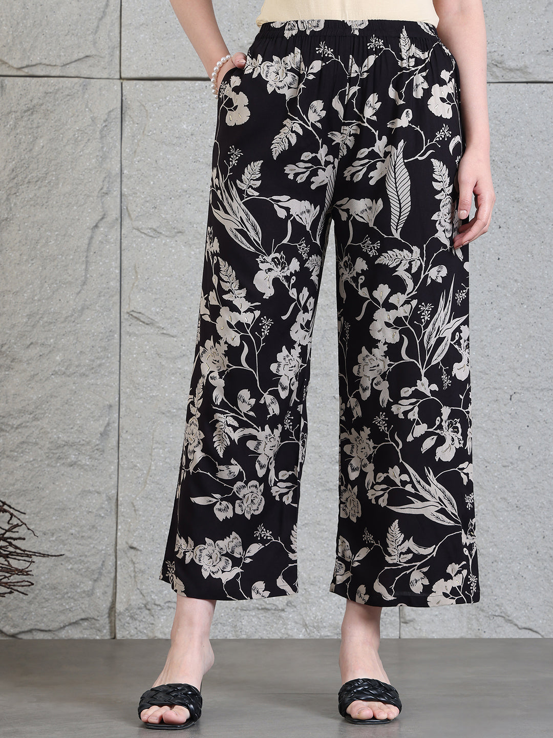 Botanical Printed Kurta With Palazzo Co-Ords Set, Black - Hiral Fashion - Distacart