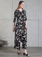 Botanical Printed Kurta With Palazzo Co-Ords Set, Black - Hiral Fashion - Distacart