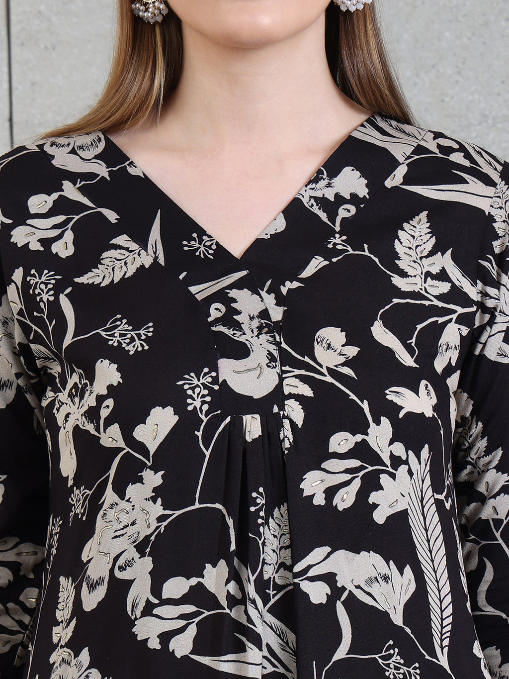 Botanical Printed Kurta With Palazzo Co-Ords Set, Black - Hiral Fashion - Distacart