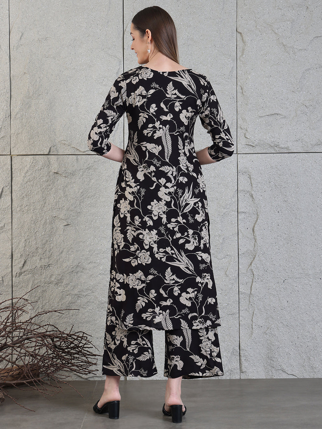 Botanical Printed Kurta With Palazzo Co-Ords Set, Black - Hiral Fashion - Distacart