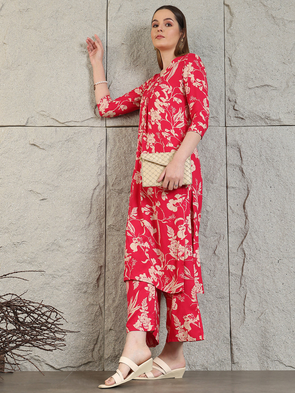 Botanical Printed Kurta With Palazzo Co-Ords Set, Pink - Hiral Fashion - Distacart