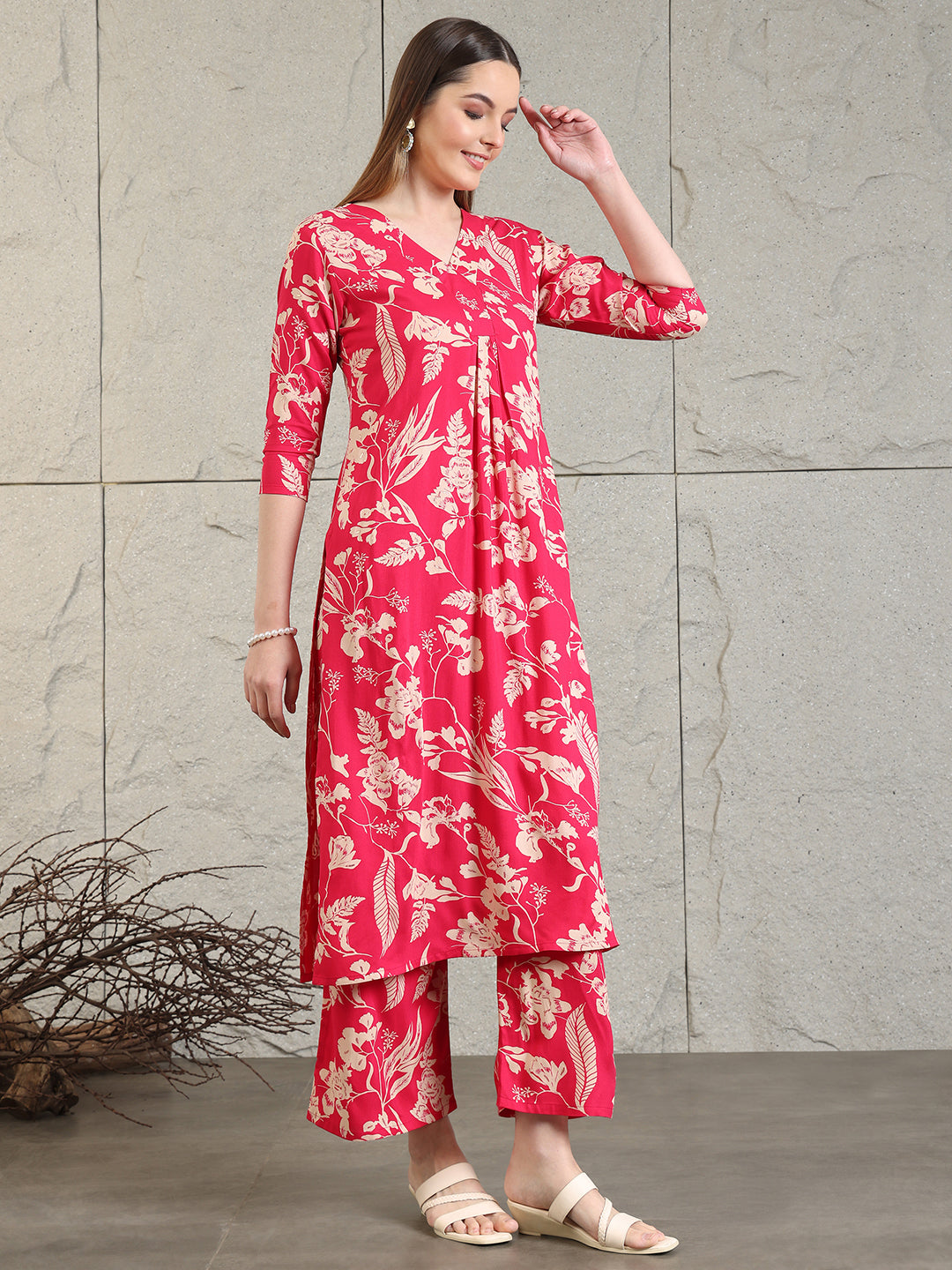 Botanical Printed Kurta With Palazzo Co-Ords Set, Pink - Hiral Fashion - Distacart