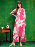Embroidered & Floral Printed Kurta With Palazzo Pant, Pink - Hiral Fashion - Distacart