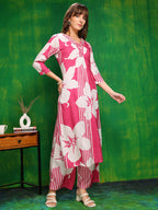 Embroidered & Floral Printed Kurta With Palazzo Pant, Pink - Hiral Fashion - Distacart