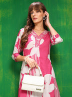 Embroidered & Floral Printed Kurta With Palazzo Pant, Pink - Hiral Fashion - Distacart