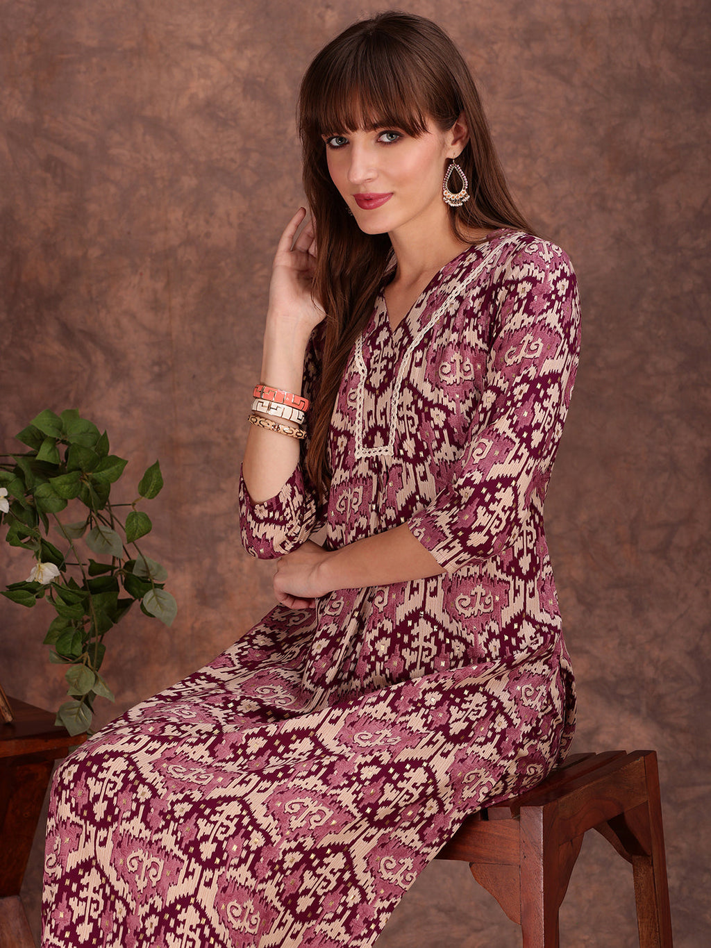 Ethnic Motifs Printed Lace Detailing Kurta And Palazzo, Wine - Hiral Fashion - Distacart