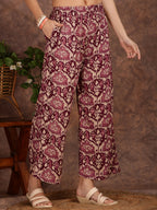 Ethnic Motifs Printed Lace Detailing Kurta And Palazzo, Wine - Hiral Fashion - Distacart