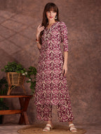 Ethnic Motifs Printed Lace Detailing Kurta And Palazzo, Wine - Hiral Fashion - Distacart