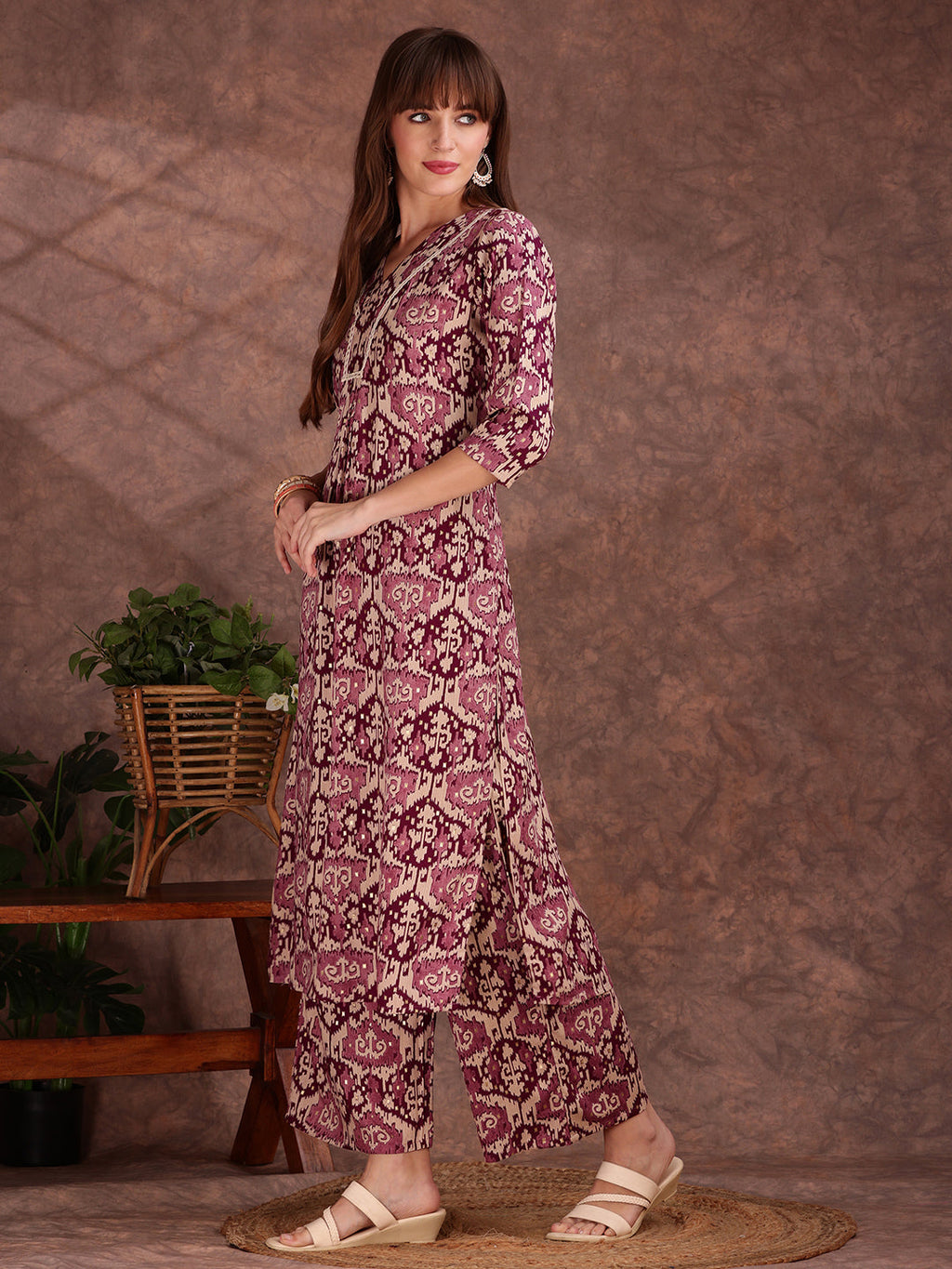 Ethnic Motifs Printed Lace Detailing Kurta And Palazzo, Wine - Hiral Fashion - Distacart