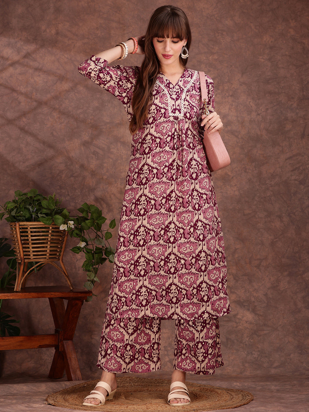 Ethnic Motifs Printed Lace Detailing Kurta And Palazzo, Wine - Hiral Fashion - Distacart