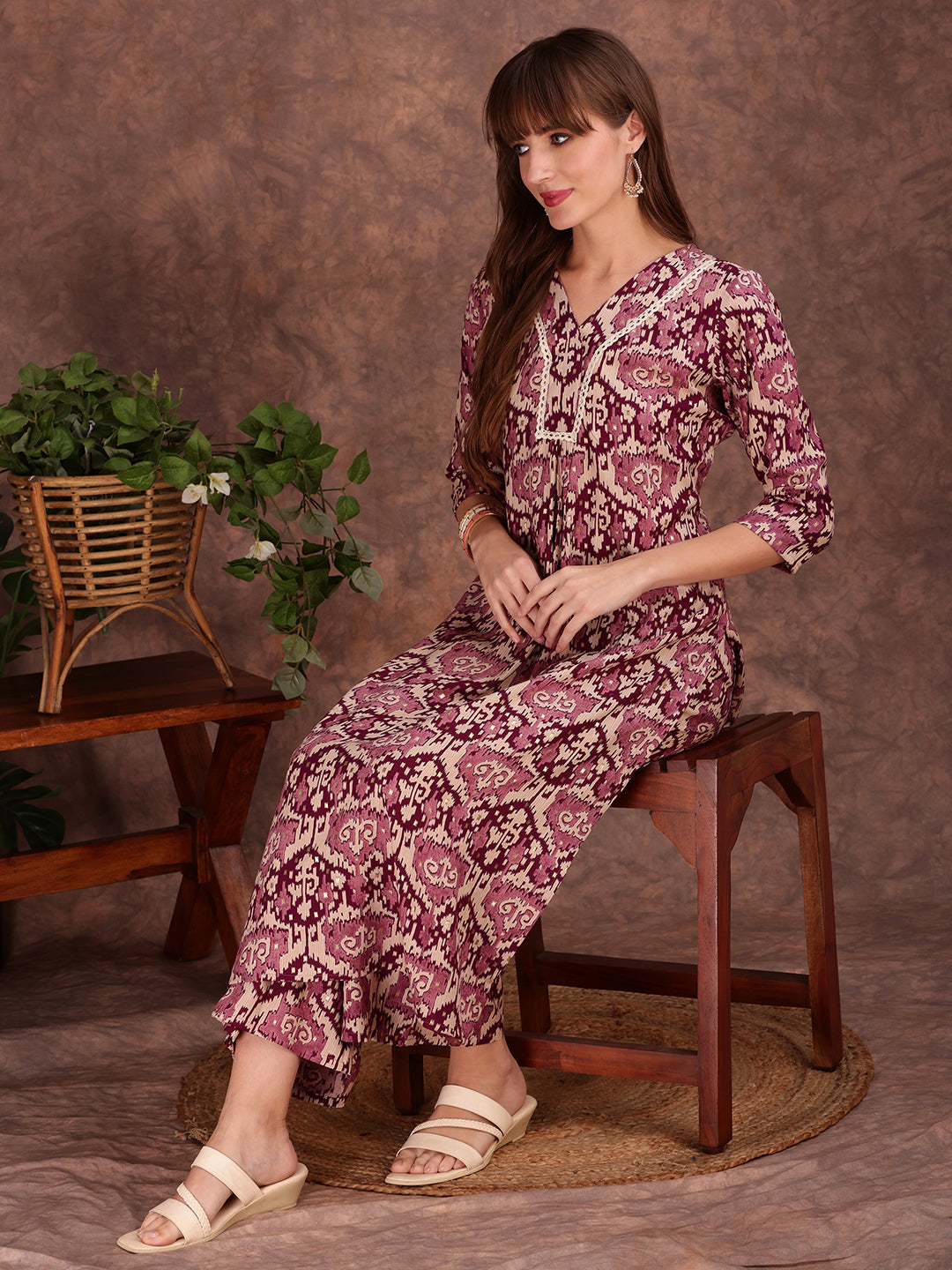 Ethnic Motifs Printed Lace Detailing Kurta And Palazzo, Wine - Hiral Fashion - Distacart