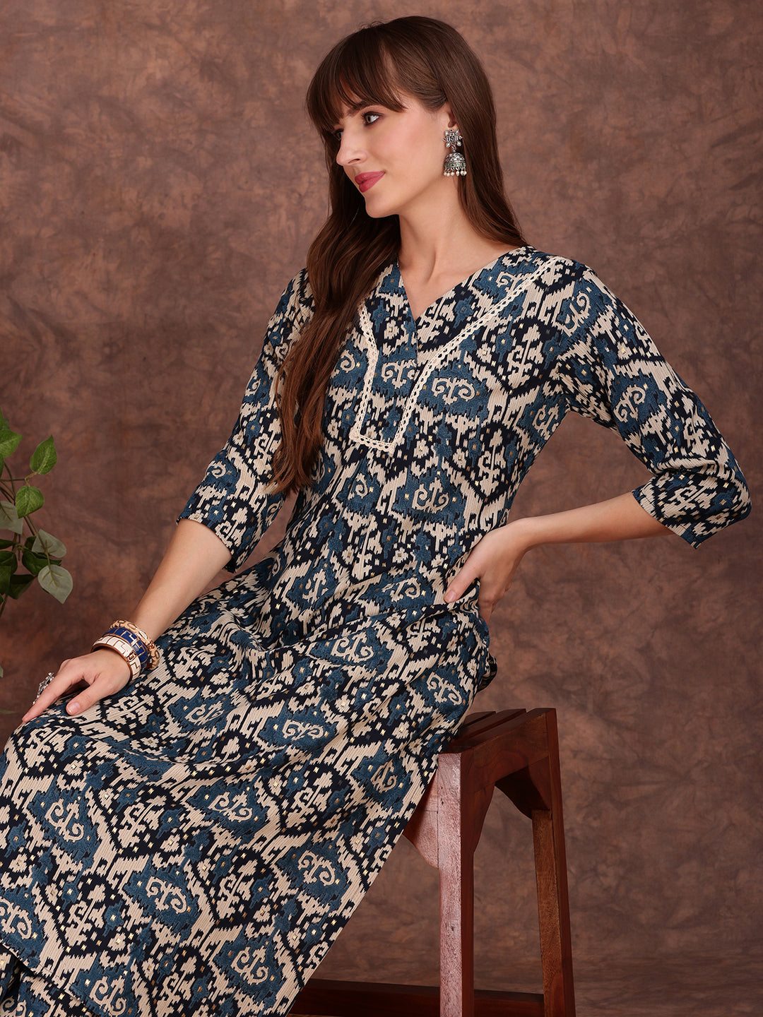 Ethnic Motifs Printed Lace Detailing Kurta And Palazzo, Teal - Hiral Fashion - Distacart