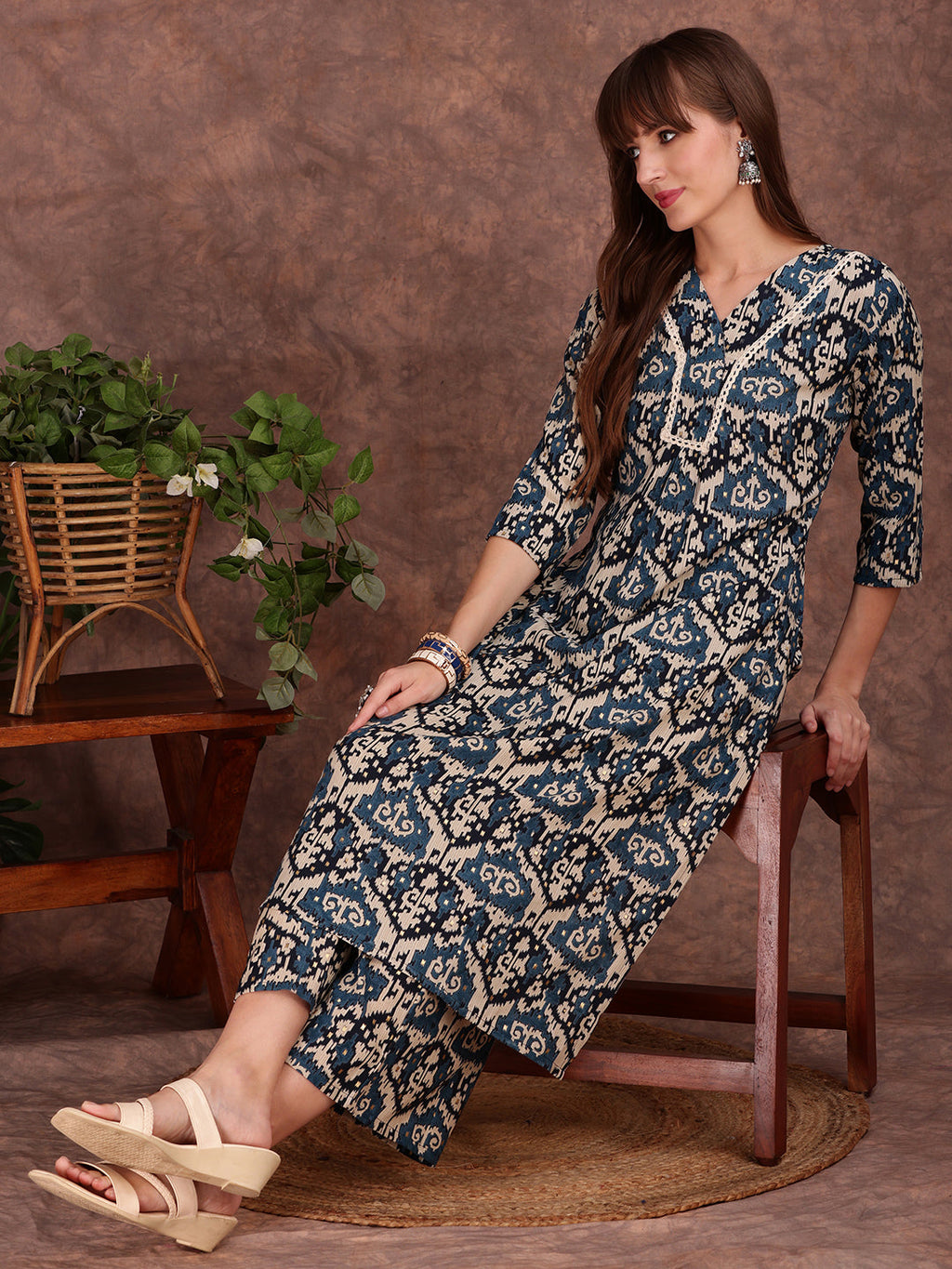 Ethnic Motifs Printed Lace Detailing Kurta And Palazzo, Teal - Hiral Fashion - Distacart