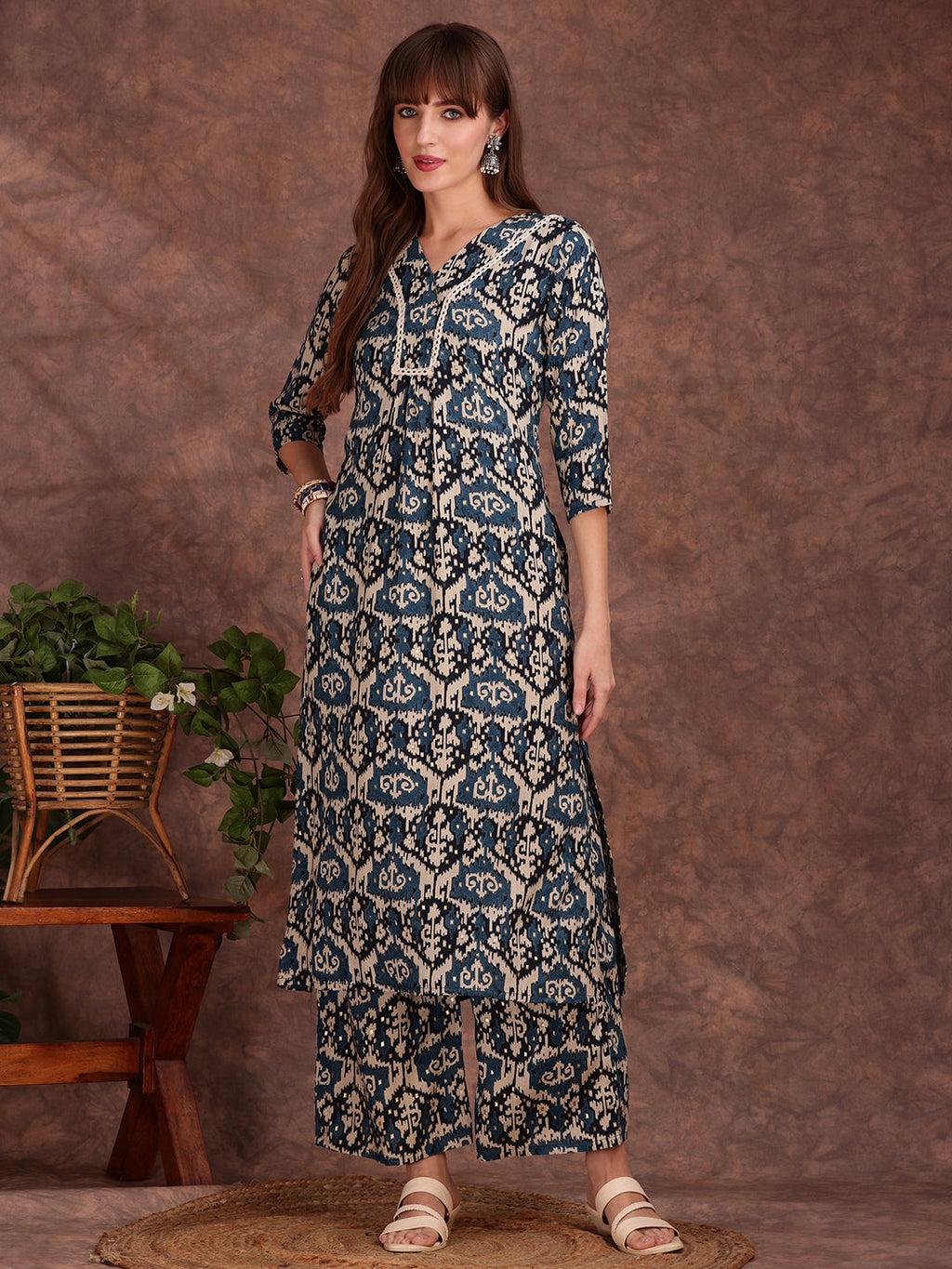 Ethnic Motifs Printed Lace Detailing Kurta And Palazzo, Teal - Hiral Fashion - Distacart