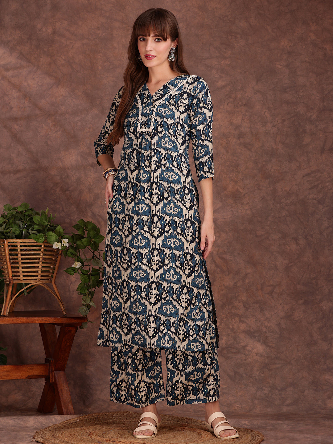 Ethnic Motifs Printed Lace Detailing Kurta And Palazzo, Teal - Hiral Fashion - Distacart